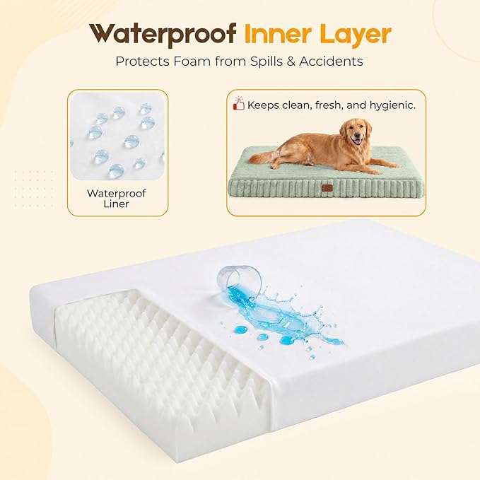 Orthopedic Dog Bed for Large Dog, Waterproof Pet Bed for Crate,Non-Slip Bottom and Egg-Crate Foam with Removable Washable Cover Crate Bed,Green,35"x22"x3"