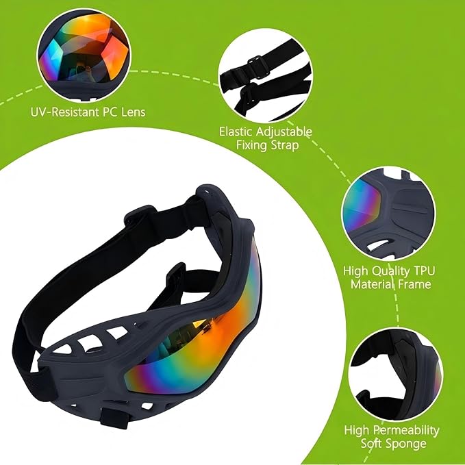 Dog Goggles for Medium to Large Breeds, Adjustable UV Protective Sunglasses with Soft TPU Frame and PC Lens, Windproof & Dustproof Pet Eye Wear for Outdoor Riding, Skiing and Driving (Colored Lens)
