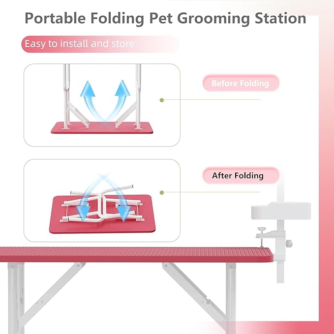 Professional Dog Pet Grooming Table Adjustable Heavy Duty Portable w/Arm & Noose & Mesh Tray (Pink, 46")