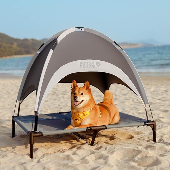 FUNNY FUZZY Elevated Dog Bed with Canopy,Grey, Large(36"x30"x7")–Outdoor Pet Cot with UV Protection, Breathable Mesh for Cooling, Indoor & Outdoor Use for Dogs up to 120 lbs