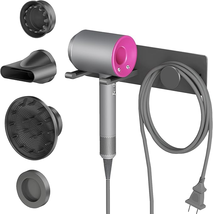 XIGOO Hair Dryer Holder Wall Mounted with 4-Adsorption, Self Adhesive Blow Dryer Holder for Power Plug, Diffuser and Nozzles Accessories Organizer, Matte Black