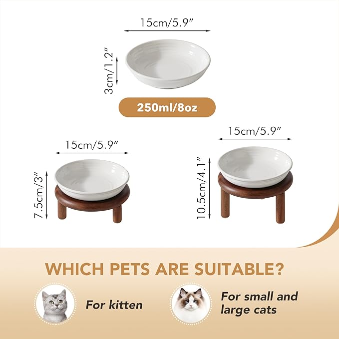 Havniva Elevated Cat Bowls Raised Ceramic Cat Bowl, 5.9” Wide Opening Cat Food Bowl Whisker Friendly Cat Dish Anti-Slip with Wood Stand, Shallow Pet Food & Water Bowl for Indoor Cats