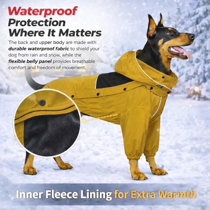 LOVELONGLONG Fleece-Lined Dog Raincoat with Removable Hood – Waterproof Winter Full Body Dog Jacket – Windproof Snowproof Cold-Weather Suit – Yellow-F XS
