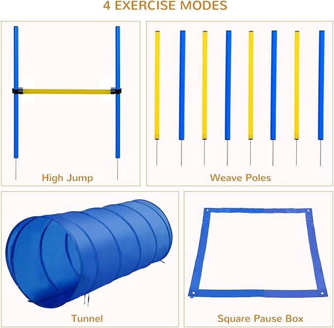 4PC Obstacle Dog Agility Training Course with Jump Hurdle, Tunnel, Pause Box, Weave Poles and Carrying Bag