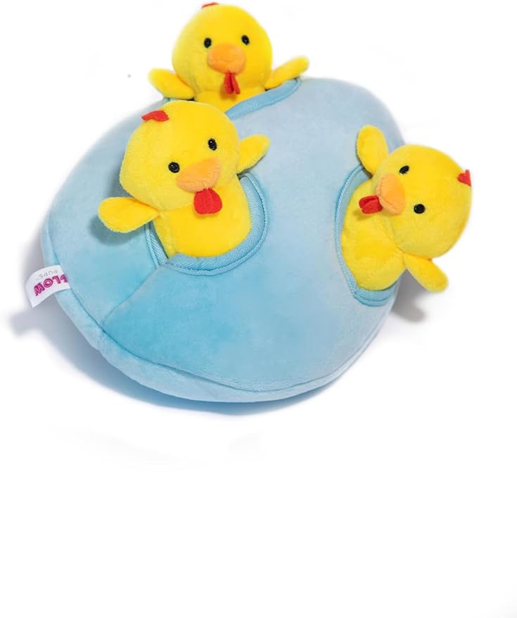 Glow Pups Chicken and Egg Hide and Seek Interactive Dog Toy with Squeaker, Promotes Mental Stimulation, 7 X 6 Inches (Egg and 3 Chickens, Blue and Yellow)