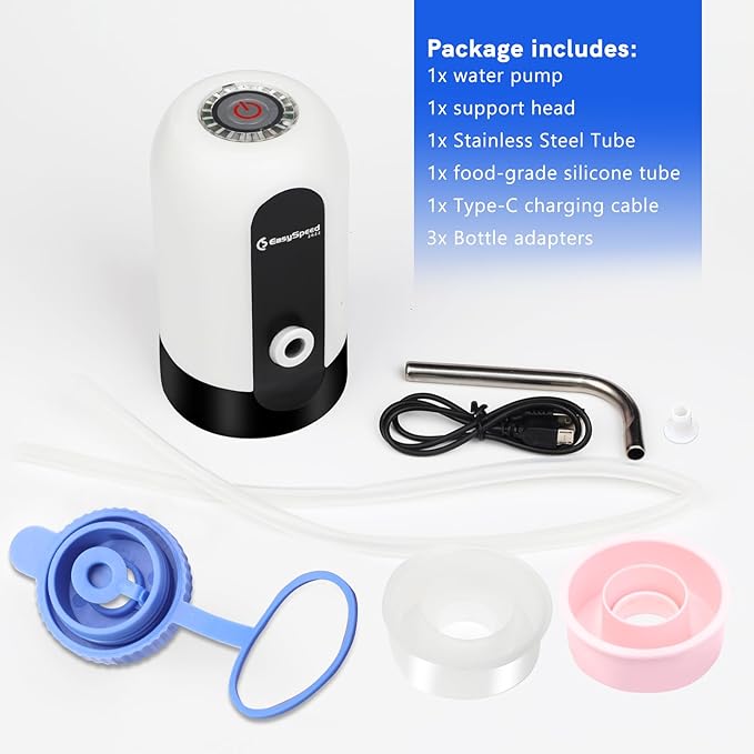 Water Dispenser for 5 Gallon Bottle, USB-C Charging Portable Electric Water Pump with 3 Adapters for 5 Gallon Jugs and Bottles, Automatic Drinking Water Dispenser for Camping, Travel, White