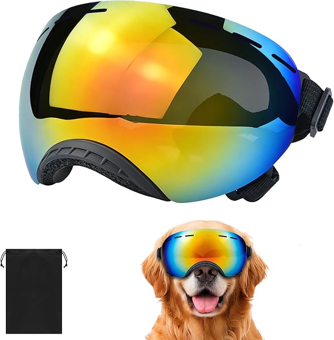 Dog Goggles for Medium to Large Breeds, Stylish Pet Sunglasses with Rainbow PC Lens, Soft TPU Frame & Adjustable Straps, Windproof Dustproof UV Protection Eyewear for Outdoor Riding Hiking (Black)