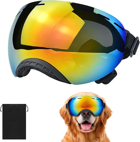 Dog Goggles for Medium to Large Breeds, Stylish Pet Sunglasses with Rainbow PC Lens, Soft TPU Frame & Adjustable Straps, Windproof Dustproof UV Protection Eyewear for Outdoor Riding Hiking (Black)