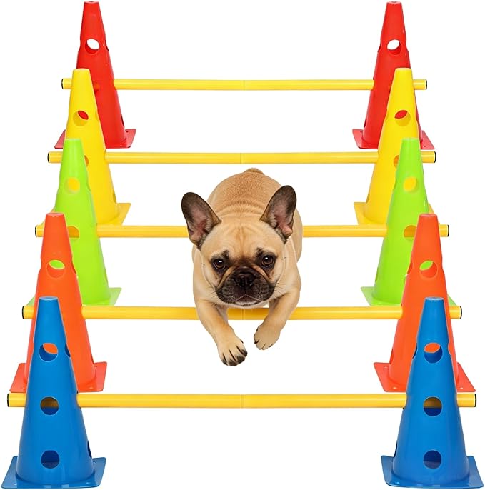 Dog Agility Hurdle Cone Set, 10er 12.5Inch Color Agility Cones and 5er 31.5Inch Agility Rods, Equipment Obstacle Course Backyard Equipment for Pet Exercise