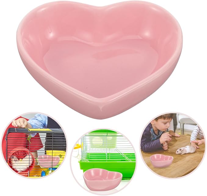 UKCOCO Ceramic Hamster Food Bowl, Pink Heart Shaped Guinea Pig Water Dish, Heavy Tip-Proof Small Animal Feeding Bowl for Rabbit and Chinchilla, Cute Cage Accessories