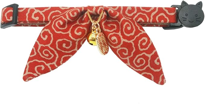 Bunny Ears Cat Collar, Japan Lucky ‘開三運’ Charm. Safety Breakaway Bowtie Kitten Collar with Bell, Red