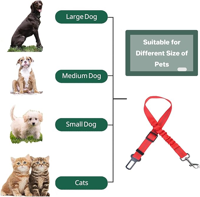 Dog Seat Belt for Car, Adjustable Dog Car Harness, Reflective Dog Seatbelt Leash with Elastic Bungee Buffer, Durable Nylon Pet Safety Dog Seat Belt for All Dog Sizes (Red)