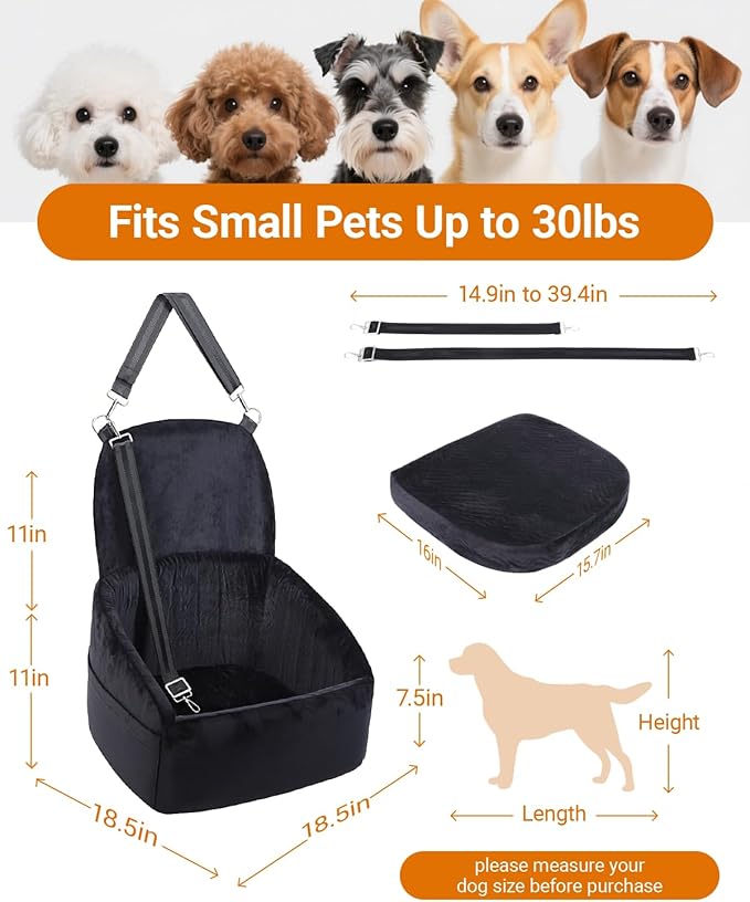 NUPIDA Dog Car Seat for Small Medium Dogs, Dog Booster Seat with Extendable Backrest, Pet Portable Car Seats up to 30 lbs, Washable Travel Bed with Storage Pockets and 2 Safety Leashes, Black