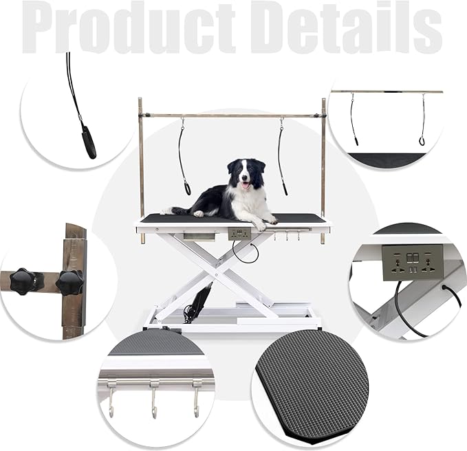 49.6” Professional Pet Grooming Table, Modern Style, Adjustable Height, Sturdy & Stable, Up to 330LBS, White, Alloy Steel