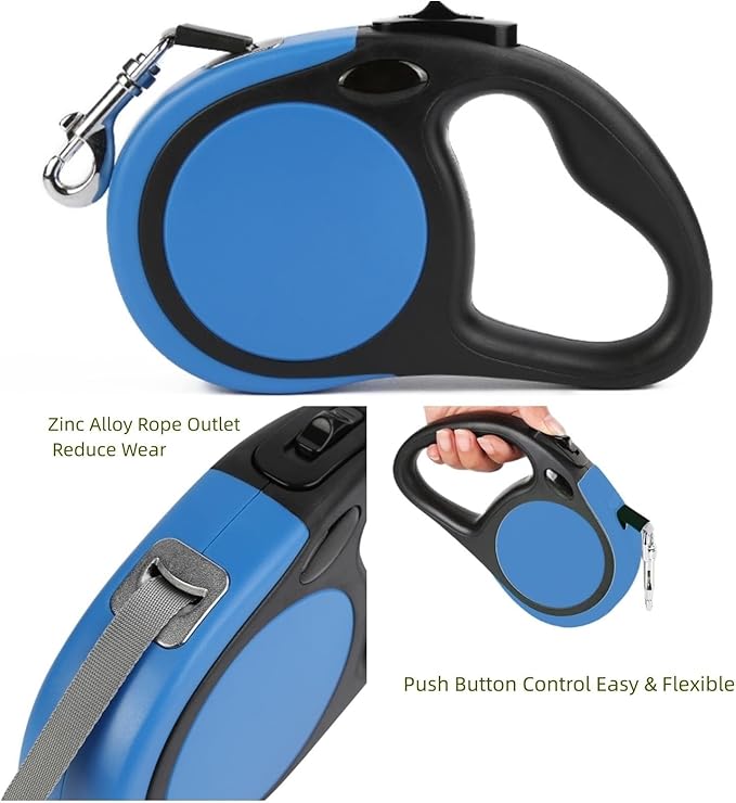 Dual Retractable Dog Leash Small Breed (Up to 44 Lbs Each) - Double Headed 18.5 ft Extendable Pet Leash with Poop Bags, Non Slip Grip - One Button Break & Lock, 360° Tangle-Free (Blue, Medium)