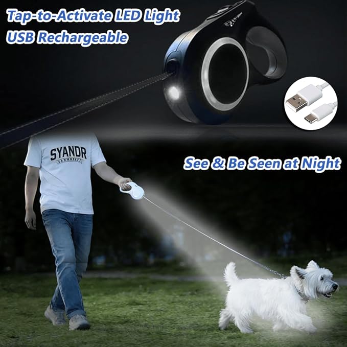 16.4ft Dual Retractable Dog Leash for Medium Dogs 35–55 lbs, USB Rechargeable LED Light, 360° Tangle-Free, Detachable Front Lead & Emergency Ready, Reflective Elastic(Black)