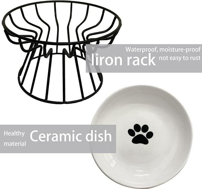 Ceramic Cat Bowls with Metal Stand,Elevated Cat Bowl Raised Kitten Food&Water Feeding Shallow Dish for Indoor Cats,Puppies,Small Dogs(Black)