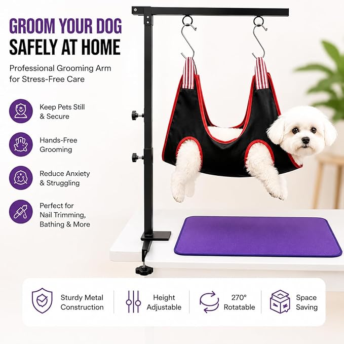 Dog Grooming Arm with Clamp, Adjustable Height 26"-40", Pet Grooming Table Arm with Hammock and No-Sit Holder, Dog Grooming Supplies for Small Medium Dogs, Grooming Restraint for Home or Salon
