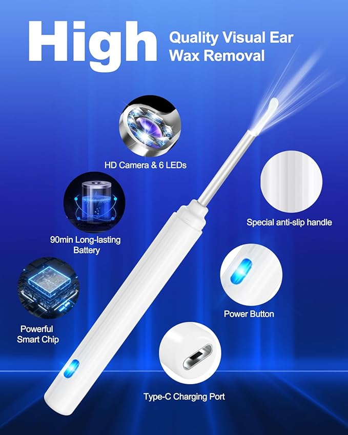 Ear Wax Removal Tool Camera, Ear Cleaner with Camera, Ear Cleaning Kit 1296P HD Ear Scope, 6 LED Lights and 6 Ear Picks, Earwax Removal with Otoscope to Earify Earwax for iOS and Android