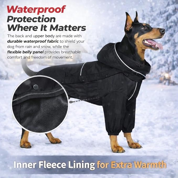 LOVELONGLONG Fleece-Lined Dog Raincoat with Removable Hood – Waterproof Winter Full Body Dog Jacket – Windproof Snowproof Cold-Weather Suit – Black-F 4XL