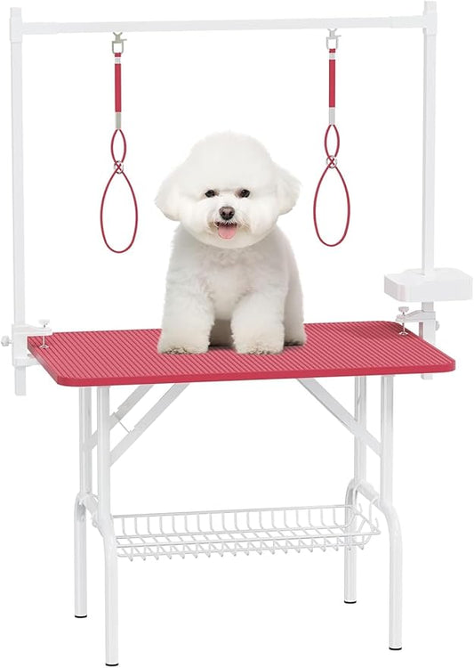Professional Dog Pet Grooming Table Adjustable Heavy Duty Portable w/Arm & Noose & Mesh Tray (Pink, 46")