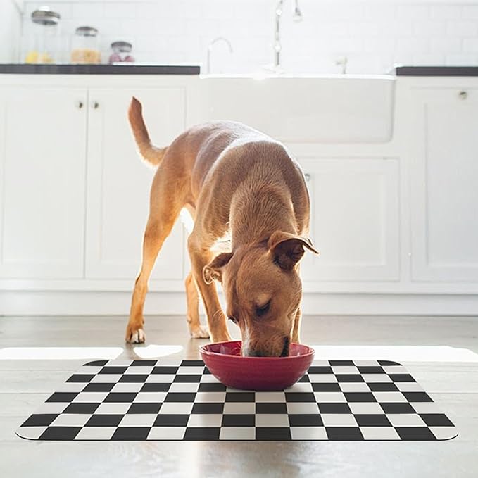 CooRug Checkered Dog Food Mat, Absorbent Leak-Proof Pet Feeding Mat, Quick Dry Cat Food Mat for Messy Drinkers 16" x 24" Black