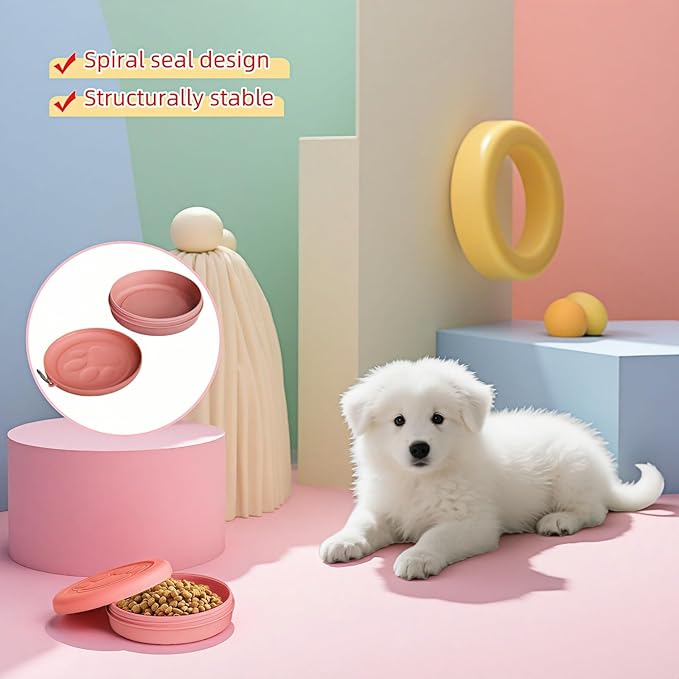 Portable Dog Food & Water Bowl for Travel - Rotating Lock Spill-Proof Pet Dish with Carabiner - BPA-Free Silicone Non Slip Bowl 250ml (Pink, Small)