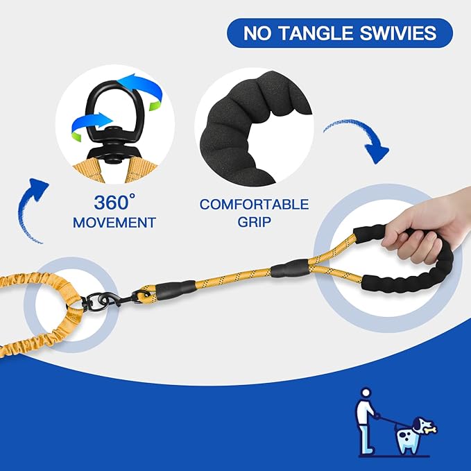 MingXpets Double Dog Leash, Dual Dog Leash, 360° Swivel Tangle Free Bungee Walking Training for Large Medium Dogs, Shock Absorbing Bungee Reflective for Two Dogs, 18~120 lbs, Yellow