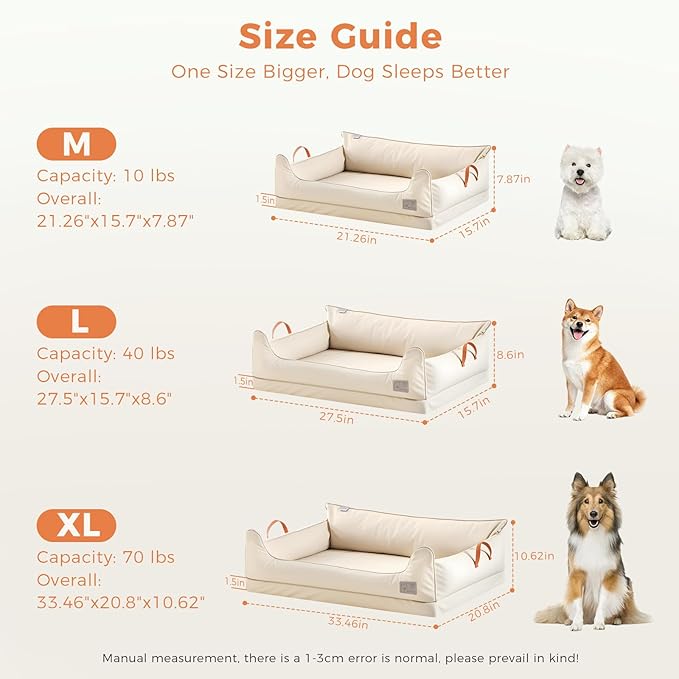 Removable Orthopedic Dog Beds for Large Dogs, Leather Memory Foam Dog Sofa Bed, Waterproof Durable Dogs Bed Couch with Non Skid Bottom for All Pet Sizes (Beige, X-Large)