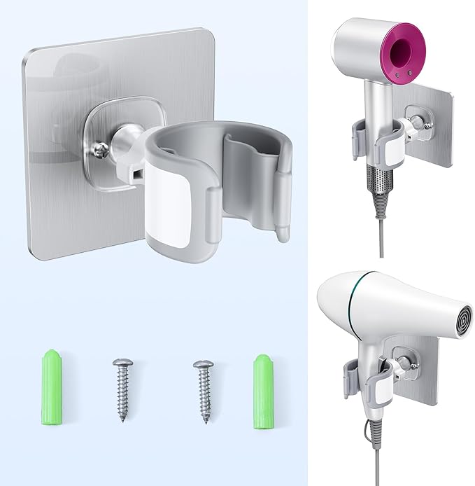 Universal Hair Dryer Holder Wall Mounted, Ultra-Secure Hair Dryer Hanger with Adhesive & Screw Mounting, Angle-Adjustable Blow Dryer Holder for Vanity, Bathroom, Salon-Fixed Type(1 Pack)