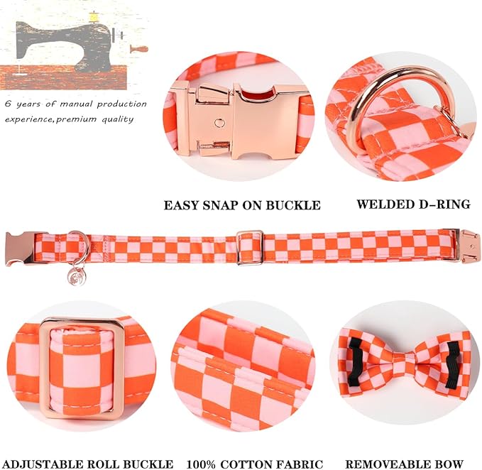 DOGWONG Orange Pink Plaid Dog Collar with Bow - Adjustable and Comfortable Autumn Dog Collar Fall Necklace for Large Medium Small Pet,L