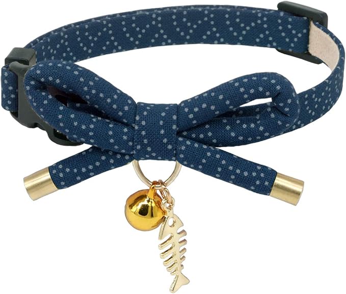 Cute Bowtie Cat Collar with Bell. Japanese Stylish Bowknot & Fish Charm. Safety Breakaway, Soft, Lightweight, for Girl Boy Male Female Cats Kitten,Navy Blue