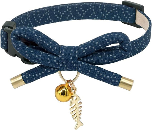 Cute Bowtie Cat Collar with Bell. Japanese Stylish Bowknot & Fish Charm. Safety Breakaway, Soft, Lightweight, for Girl Boy Male Female Cats Kitten,Navy Blue
