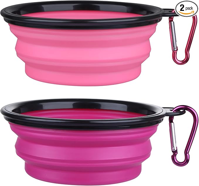 Dog Bowl Pet Collapsible Bowls, 2 Pack Collapsible Dog Water Bowls for Cats Dogs, Portable Pet Feeding Watering Dish for Walking Parking Traveling with 2 Carabiners (Small, Pink+Purple)