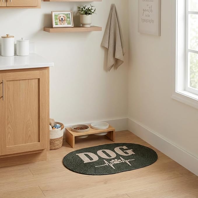 Super Area Rugs Decorative Dog Feeding Mat - 15" x 23" Charcoal Charcoal Pet Placemat for Food and Water Bowls - Soft Natural Cotton Woven Rug - Easy Clean & Absorbent Dog Bowl Mat - Made in India
