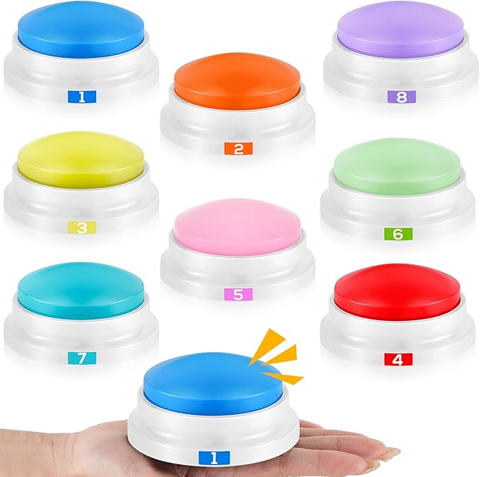 Xuhal 8 Pcs Recording Button Buzzers for Trivia Games with Number Recordable Answer Buzzers for Communication Pet Training Gift for Back to School Team Family Game and Trivia Nights, 8 Colors