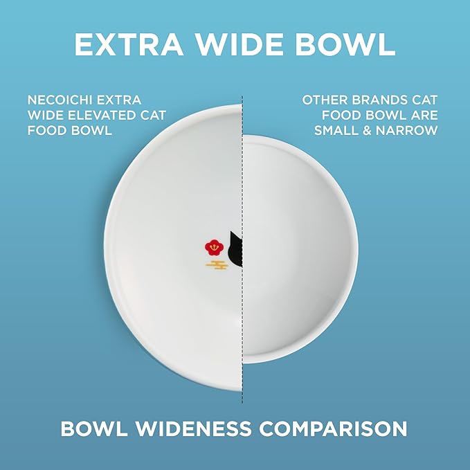 Necoichi Elevated Cat Food Bowl, Ceramic (Porcelain), Whisker-Friendly, Dishwasher & Microwave Safe, Non-Slip Silicone Base, Anti-Vomiting & Neck Fatigue (Fuji, Extra Wide, 2-Cups Capacity).