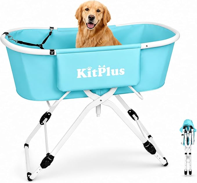 KITPLUS Portable Dog Bathtub, 5 Height Adjustable Dog Washing Station for Pet Shower and Grooming Foldable Bathing Tub with Storage & Anti-Slip Design for Small Large Dogs