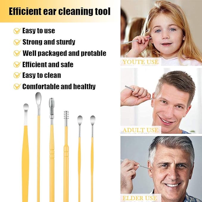 6 Pcs Ear Pick Earwax Removal Kit, Cleansing Tool Set, Curette Cleaner, 360degree Spiral Design Canal Cleaner Stainless Steel,with a Storage Box Portable Kit (Yellow), 11.7x2.8x2cm