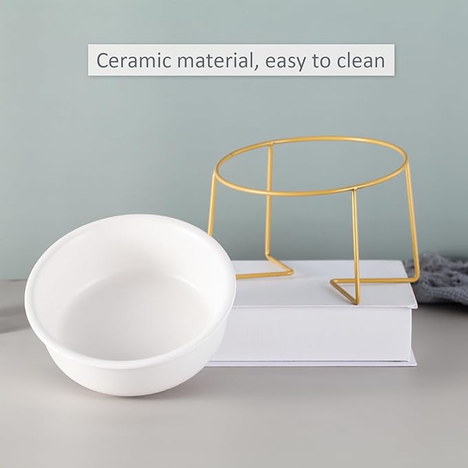 White Large Ceramic Tilted Elevated Cat Dog Bowl Raised Cat Food Water Bowl Dish Pet Comfort Feeding Bowls with Gold Iron Stand