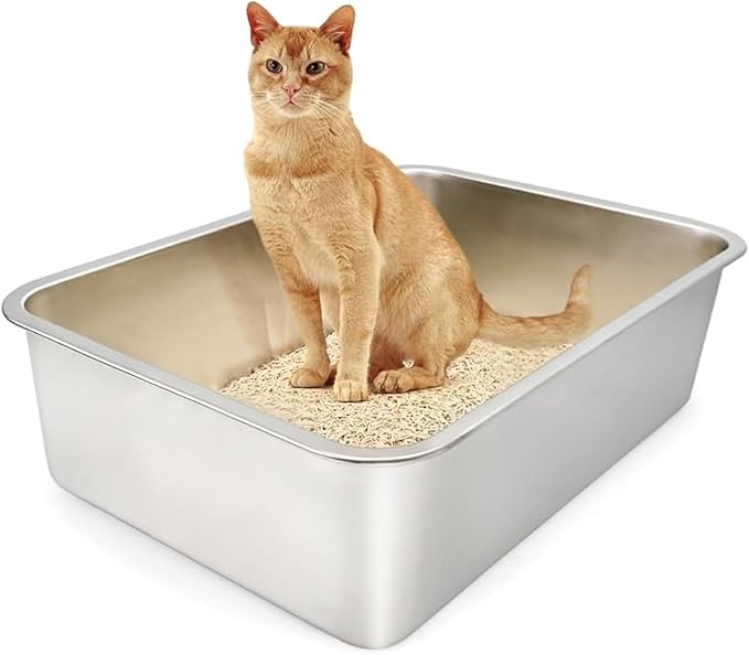 Stainless Steel Cat Litter Box, Large (24" x 16" x 6"), Metal for Kitty and Rabbits, No Odor Left & Non Stick Surface
