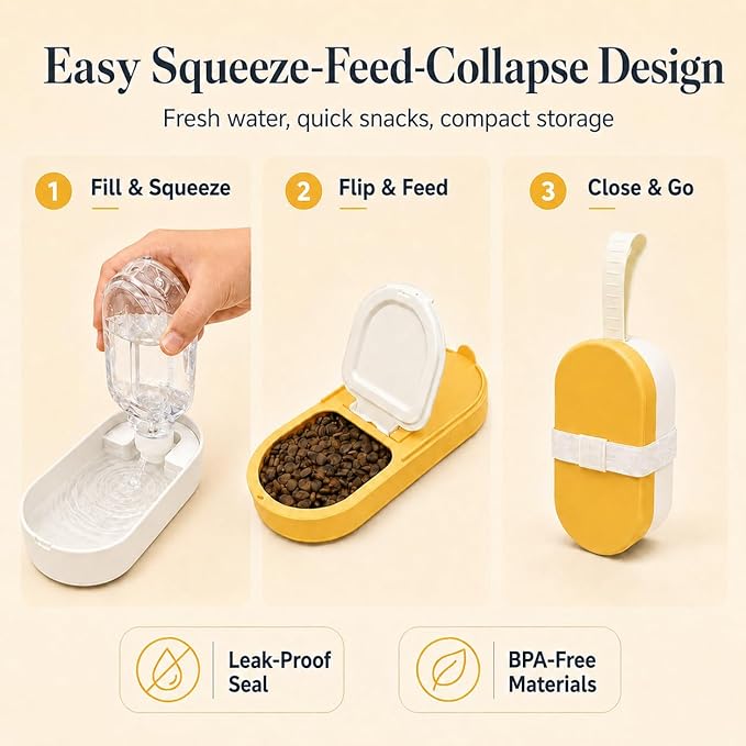 Portable Pet Bowl with Water Bottle and Food Container | Leak-Proof Collapsible Dog Cat Travel Feeder for Outdoor Adventures, Hiking, and Camping (Yellow)