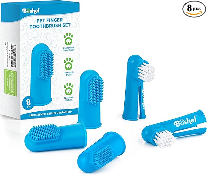Boshel Dog Finger Toothbrush, Deep Teeth Cleaning Tooth Brushing Kit, Blue for Small and Large Breeds, Silicone & Nylon Soft Bristles, 8 Pack