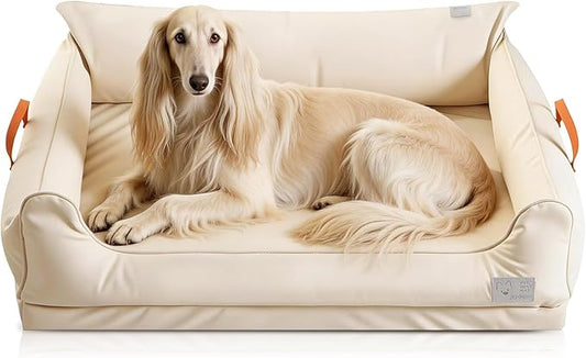 Removable Orthopedic Dog Beds for Large Dogs, Leather Memory Foam Dog Sofa Bed, Waterproof Durable Dogs Bed Couch with Non Skid Bottom for All Pet Sizes (Beige, Large)