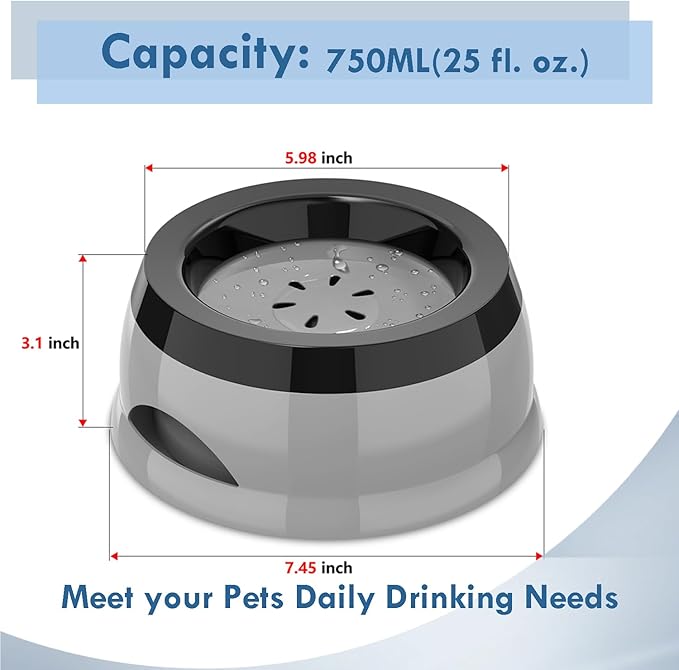 Dog Water Bowl, No Spill Cat Slow Feeder Water Dispenser Portable Vehicle Carried Car Travel Bowls for Small Medium Pets Sloppy Messy Drinkers 25oz, Grey