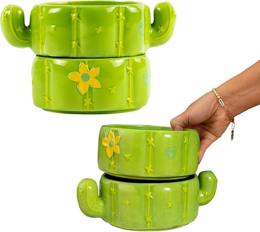 Cactus Pet Bowl, Cute Ceramic Food & Water Bowl Set for Cats & Dogs with Removable, Dishwasher-Safe Stainless Steel Insert, Set of 2