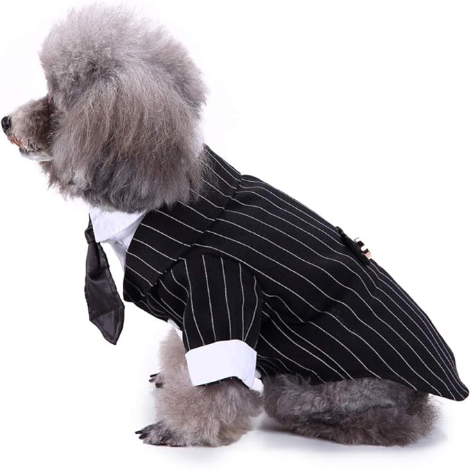 GabeFish Pets Wedding Jackets Suit for Dogs with Bow Tie Puppy Cat Formal Clothes Shirt Tuxedo (Striped, XL (Chest 18.8in/48cm)