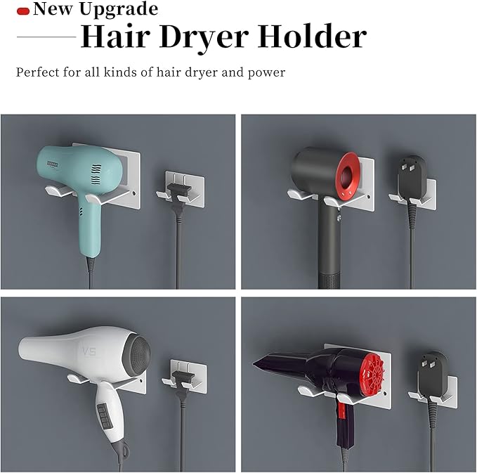 XIGOO Self Adhesive Hair Dryer Holder Wall Mounted - Adhesive Bathroom Hair Blow Dryer Rack Organizer Compatible with Supersonic Hair Dryers (White)