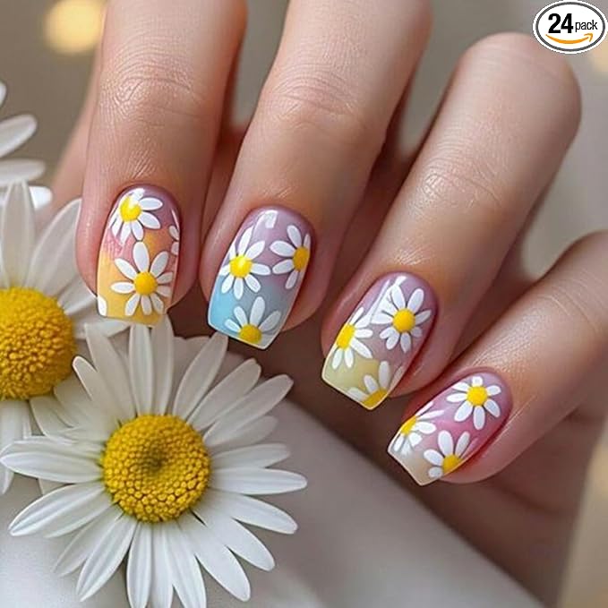 yefiuo Summer Press on Nails Short Square Ombre Fake Nails Press ons Daisy Flowers Acrylic False Nails Glue on Nails Reusable Nail Tips Kit Full Cover Stick on Nail Supplies for Women Girls 24Pcs