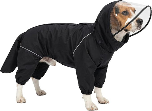 Dog Raincoat for Medium Large Dogs,rain Jacket Coat, Full Leg Coverage Waterproof Rain Suit with Detachable Hood & Tail, Reflective Strips, Snag-Free Top Zipper (Black for Girl, X-Small)